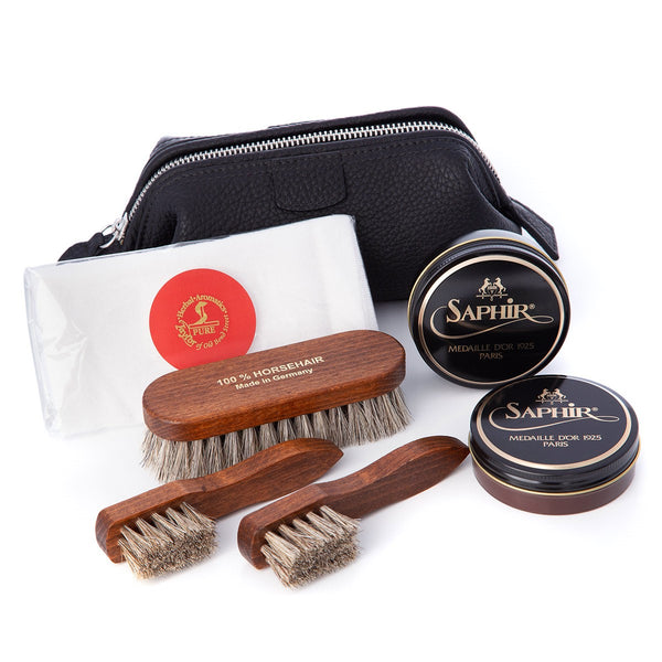 Shoe Shine Kit in Mini Black Leather Washbag - Taylor of Old Bond Street